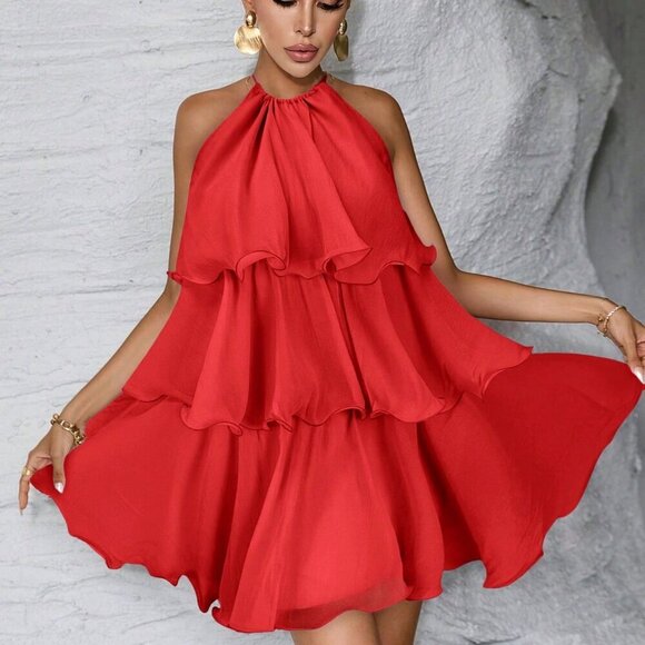 Red Casual Women's ruffled teired haltered mini  Dress - Picture 1 of 6